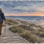 Watercolor illustration of a man with a walking stick strolling along a wooden boardwalk through dunes toward the ocean.