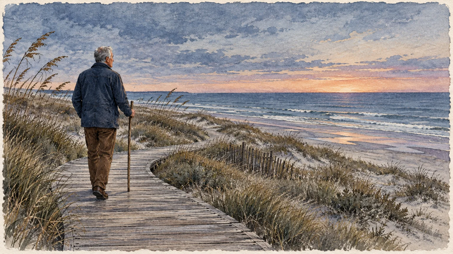 Watercolor illustration of a man with a walking stick strolling along a wooden boardwalk through dunes toward the ocean.