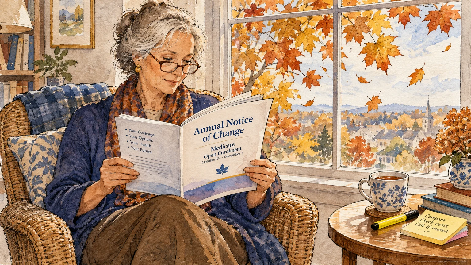 Watercolor illustration of an older woman reading an Annual Notice of Change booklet beside an autumn window.