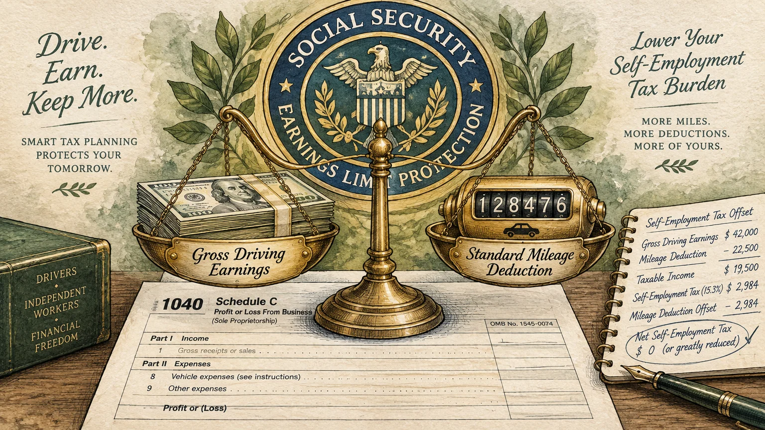 Brass scales balance cash and an odometer over an IRS Schedule C form beside a Social Security emblem.