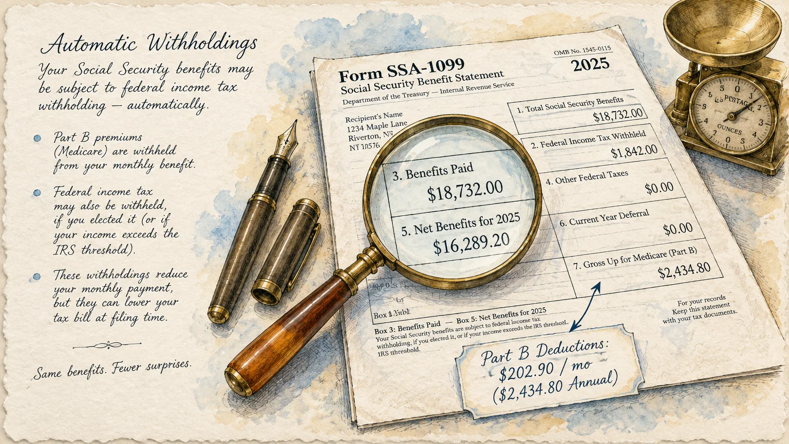 Illustrated Form SSA-1099 with a magnifying glass over Box 3 and Box 5 beside a fountain pen and scale.