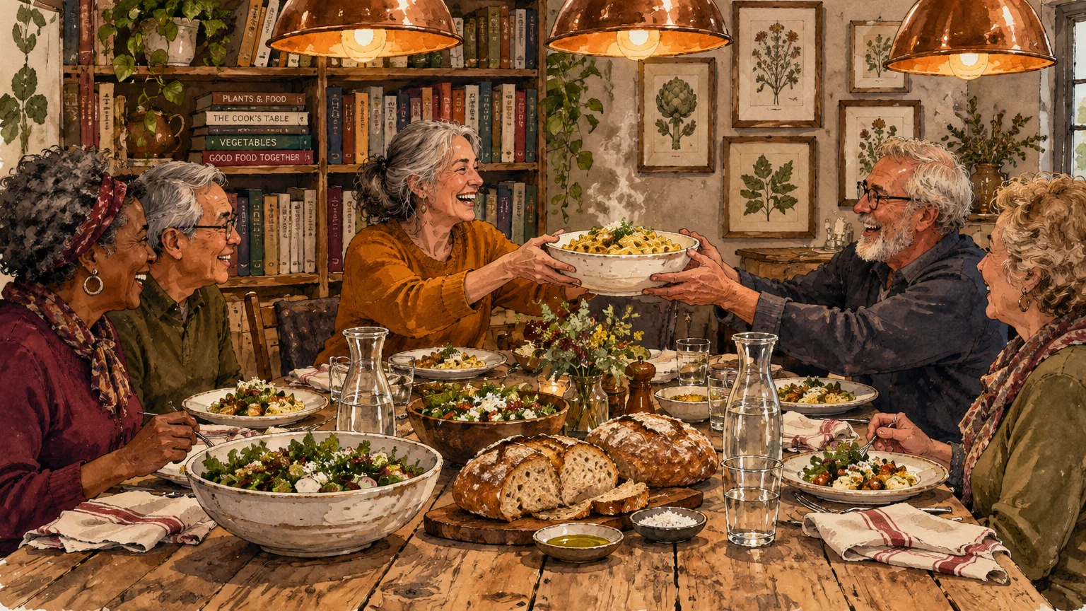 Illustration of diverse older adults smiling and passing a steaming bowl of food around a rustic, cozy dining table.