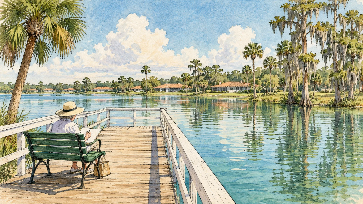 Watercolor illustration of a person sitting on a wooden dock bench sketching a calm lake lined with palm and cypress trees.