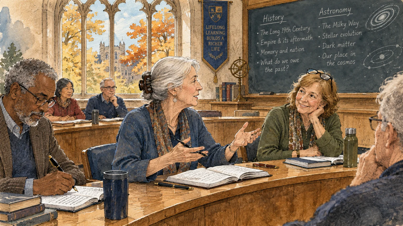 Illustration of older adults sitting at wooden desks in a sunlit classroom, engaged in a discussion before a chalkboard.