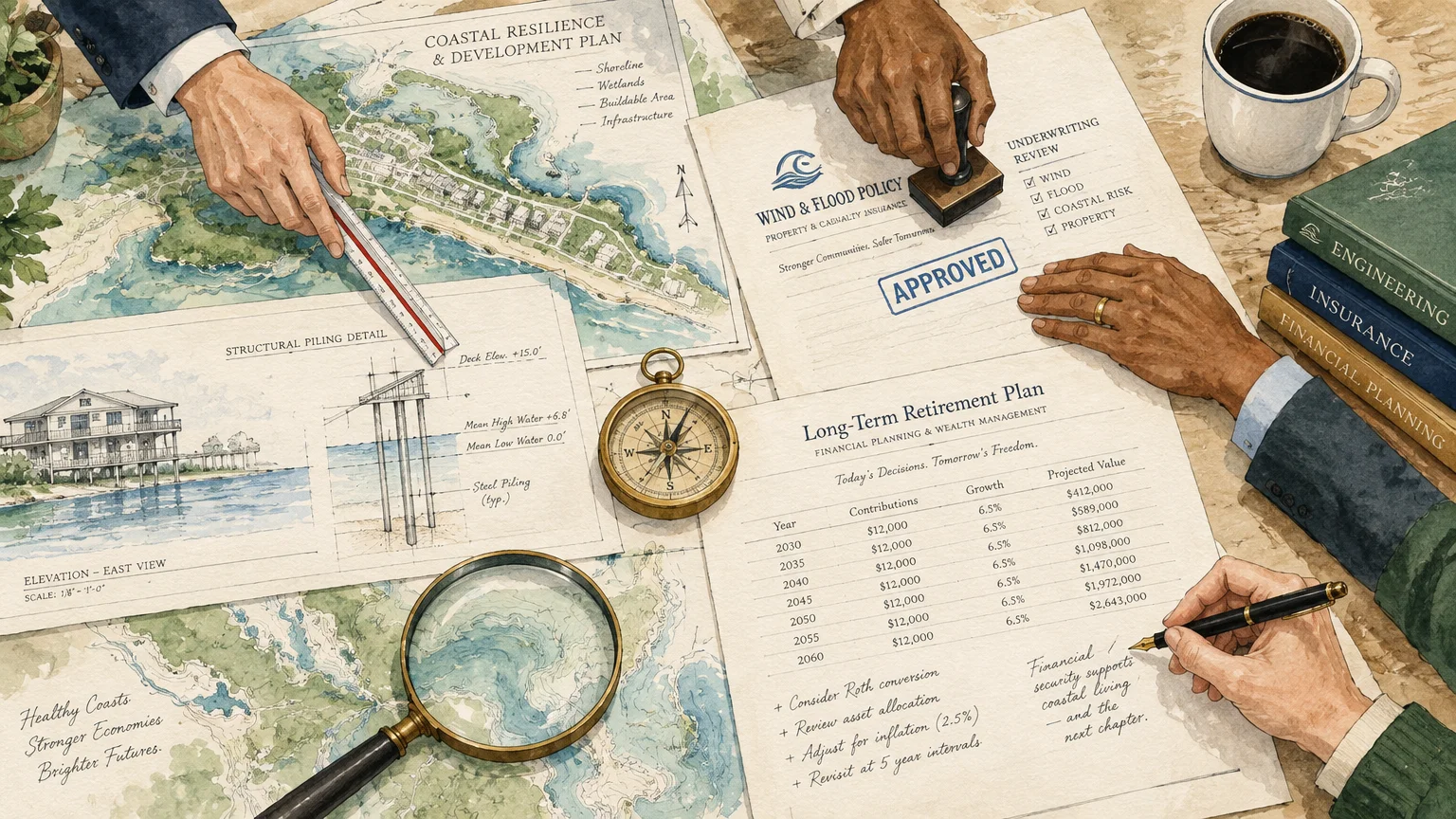 Illustration of hands reviewing coastal resilience blueprints, an approved flood policy, and a retirement financial plan.