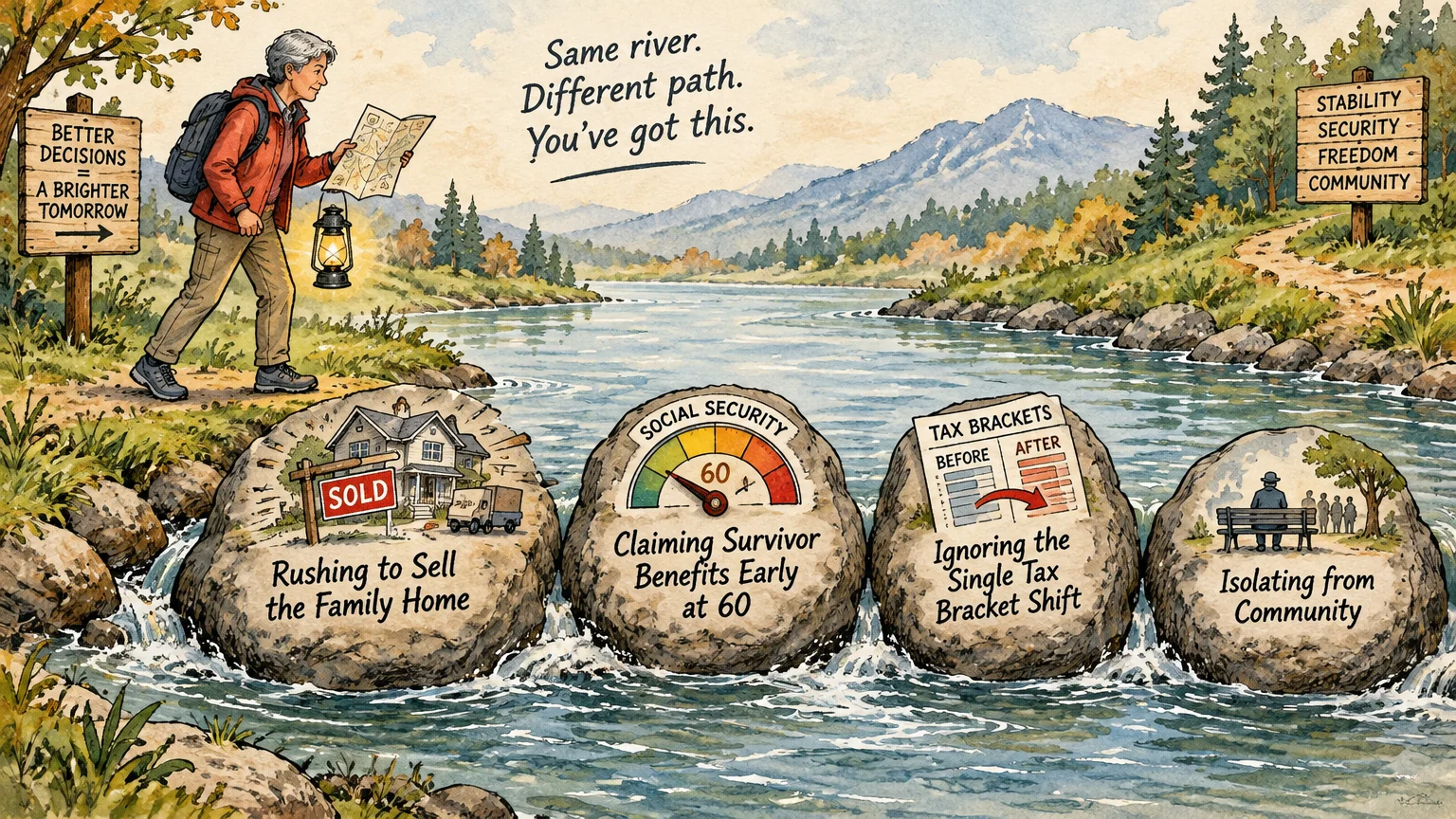 Illustration of a hiker walking along a river with stepping stones labeled with common retirement pitfalls.