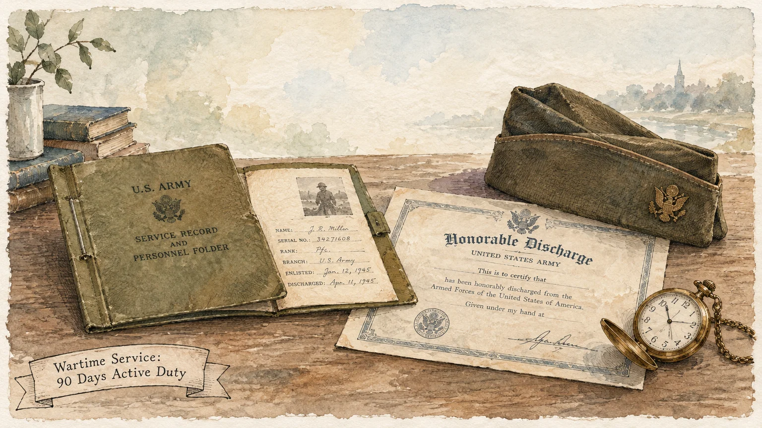 Watercolor illustration of a military service record folder, an honorable discharge certificate, a cap, and a pocket watch.