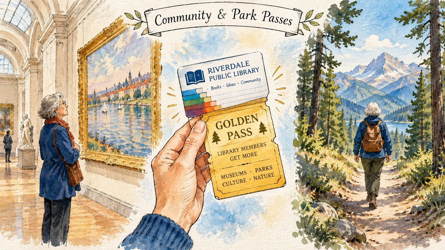 A hand holds a library card and pass between a woman in an art museum and a hiker on a mountain trail.