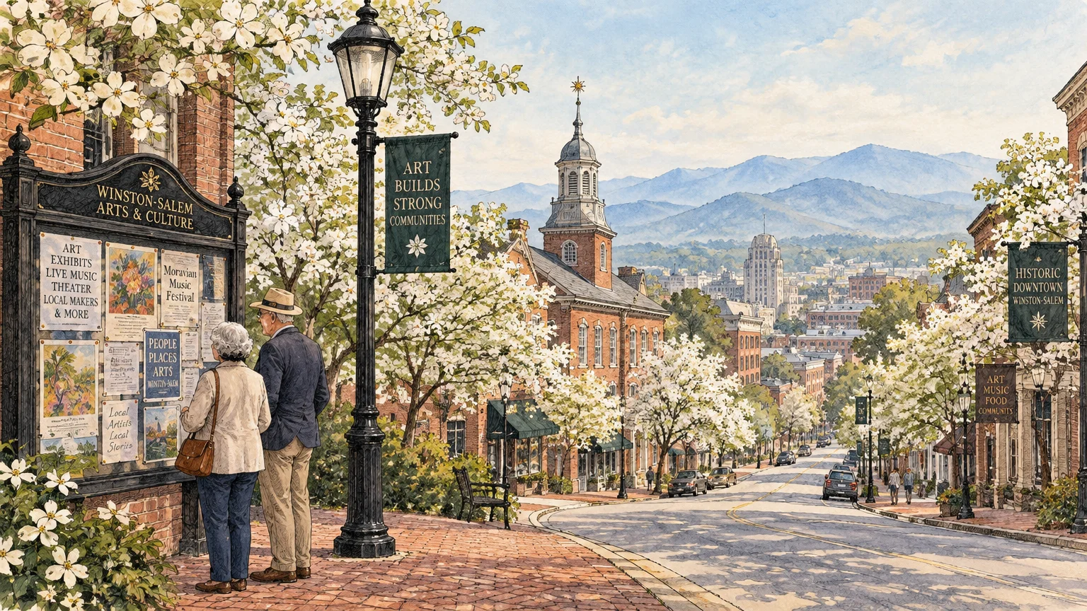 Older couple reading a community bulletin board on a brick sidewalk along a historic town street with distant mountains.