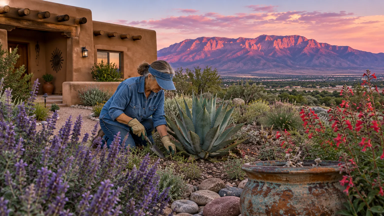 A woman gardens in a desert yard with an agave plant outside an adobe home, with pink-lit mountains in the distance.