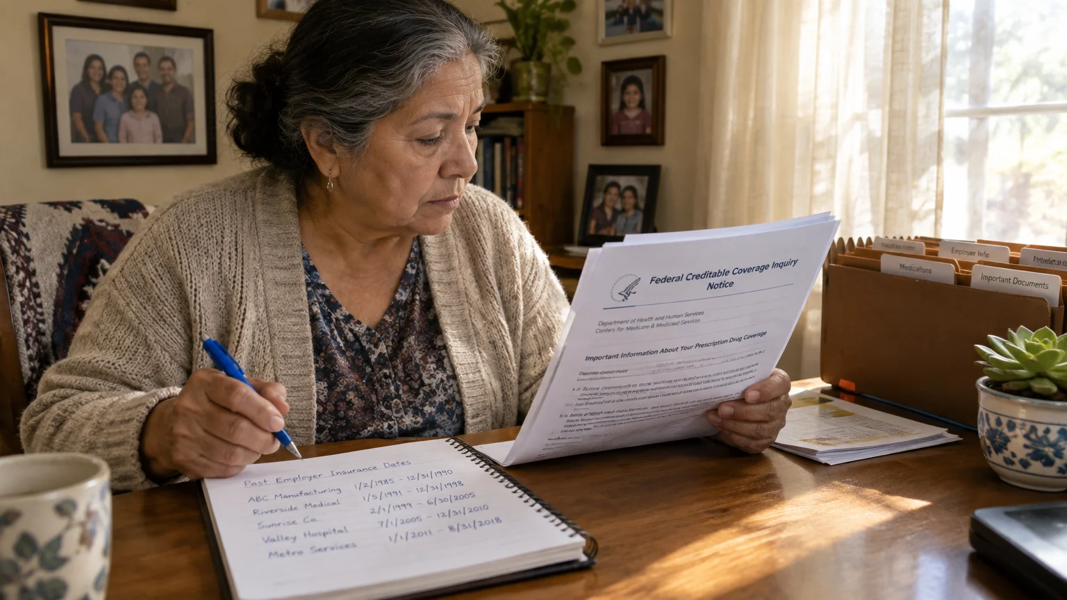 A woman reviews a creditable coverage notice at a desk beside a handwritten list of past insurance dates.