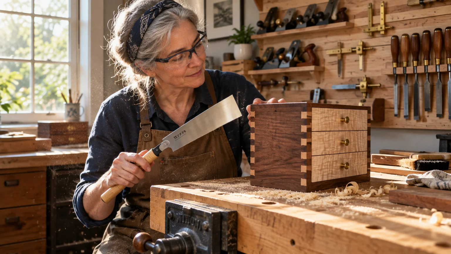 A woman in safety glasses cuts a small wooden chest of drawers with a Japanese hand saw in a workshop.