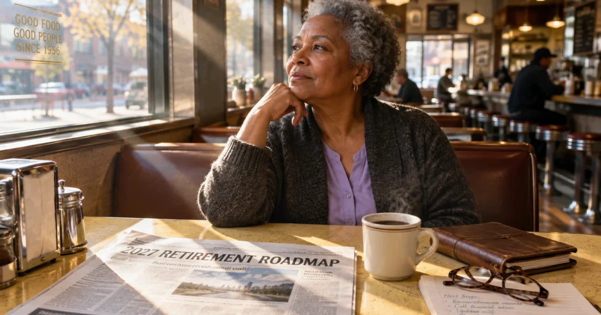 A senior woman sits in a diner booth near a window with coffee and a newspaper headlined 2027 Retirement Roadmap.