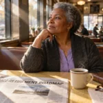 A senior woman sits in a diner booth near a window with coffee and a newspaper headlined 2027 Retirement Roadmap.