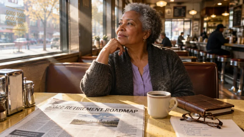 A senior woman sits in a diner booth near a window with coffee and a newspaper headlined 2027 Retirement Roadmap.