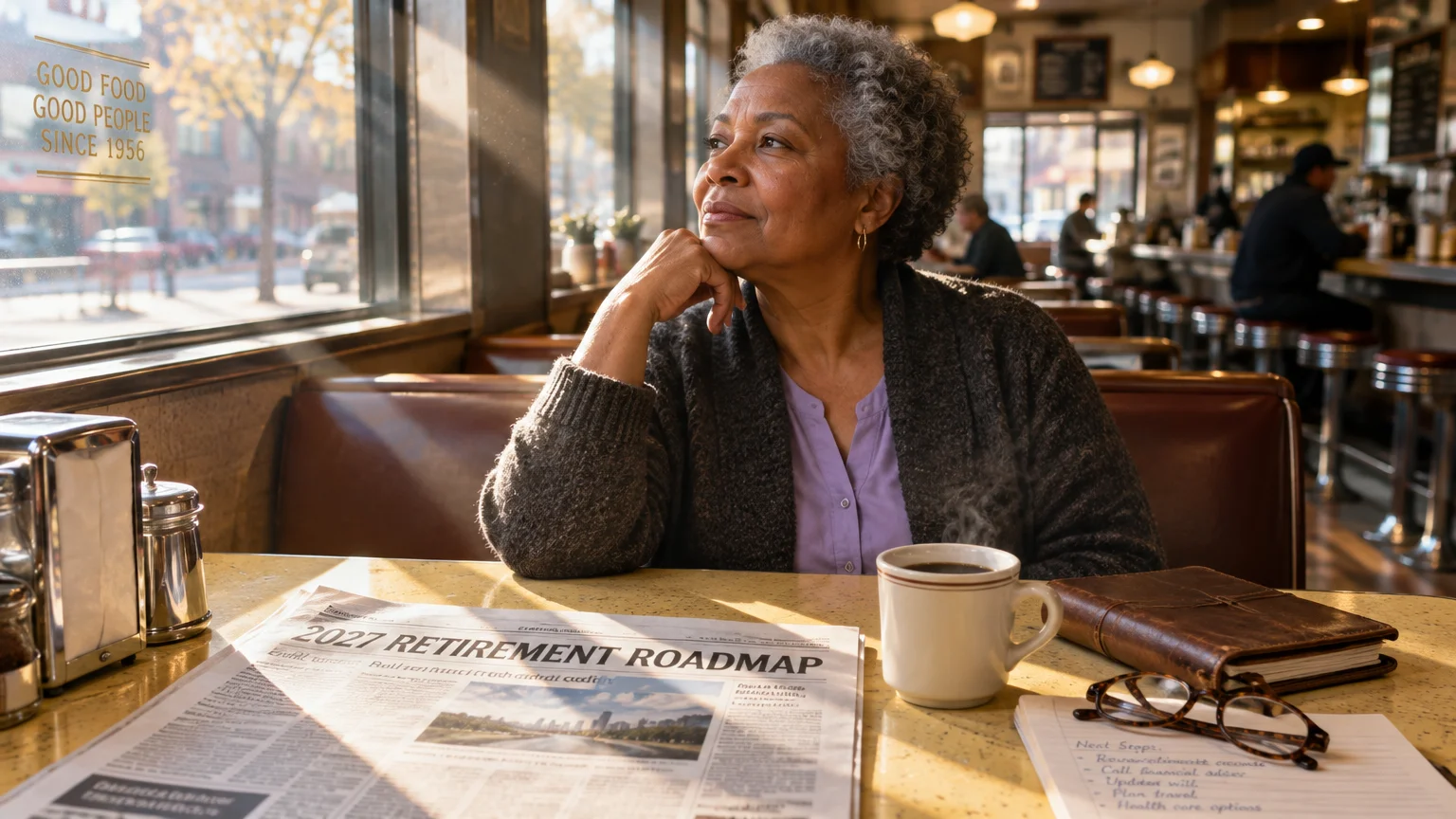 A senior woman sits in a diner booth near a window with coffee and a newspaper headlined 2027 Retirement Roadmap.