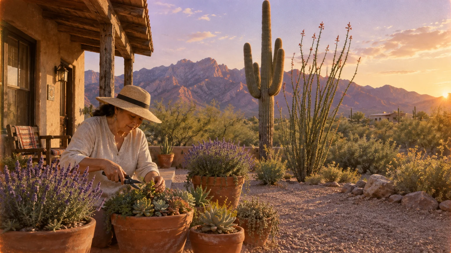 A woman in a sun hat tends potted plants outside an adobe porch with saguaro cacti and mountains at sunset.