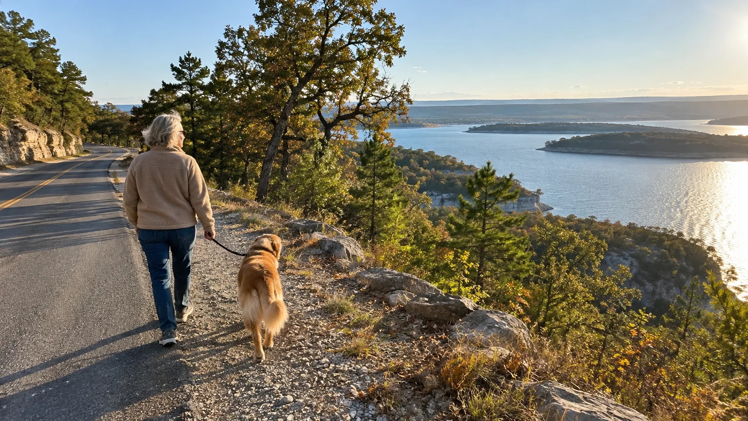 A woman walks a golden dog on a leash along a mountain road overlooking a scenic blue lake and islands.