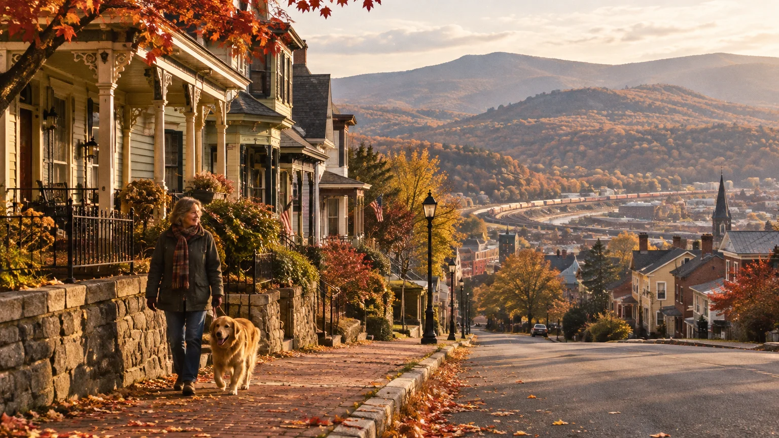 A woman walks a golden retriever down a brick sidewalk beside Victorian homes overlooking a mountain valley in autumn.
