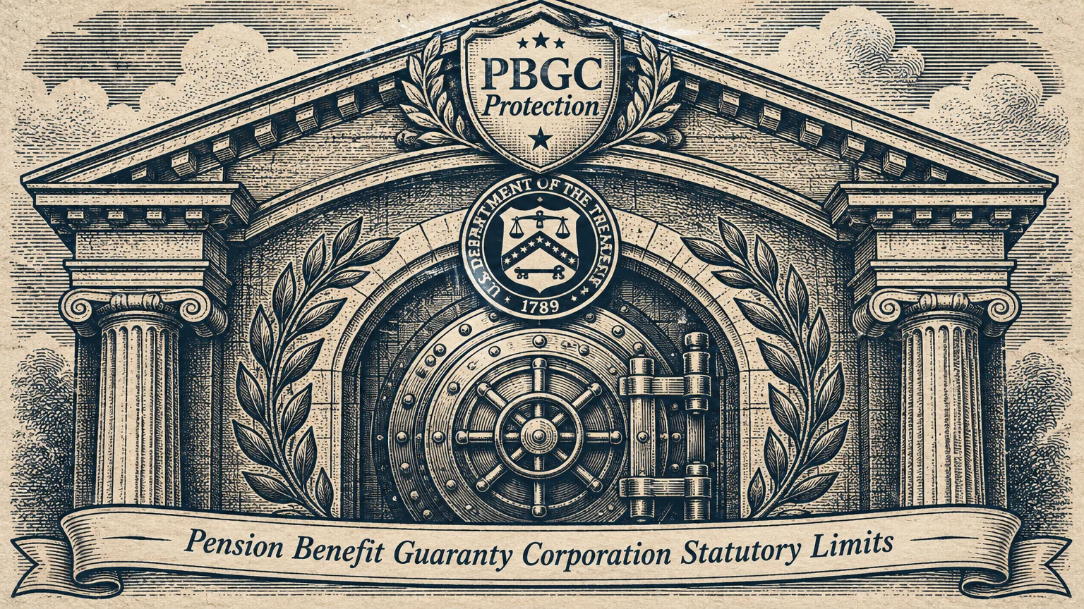 Engraving-style illustration of a fortified bank vault with classical columns, shields, laurels, and a banner.