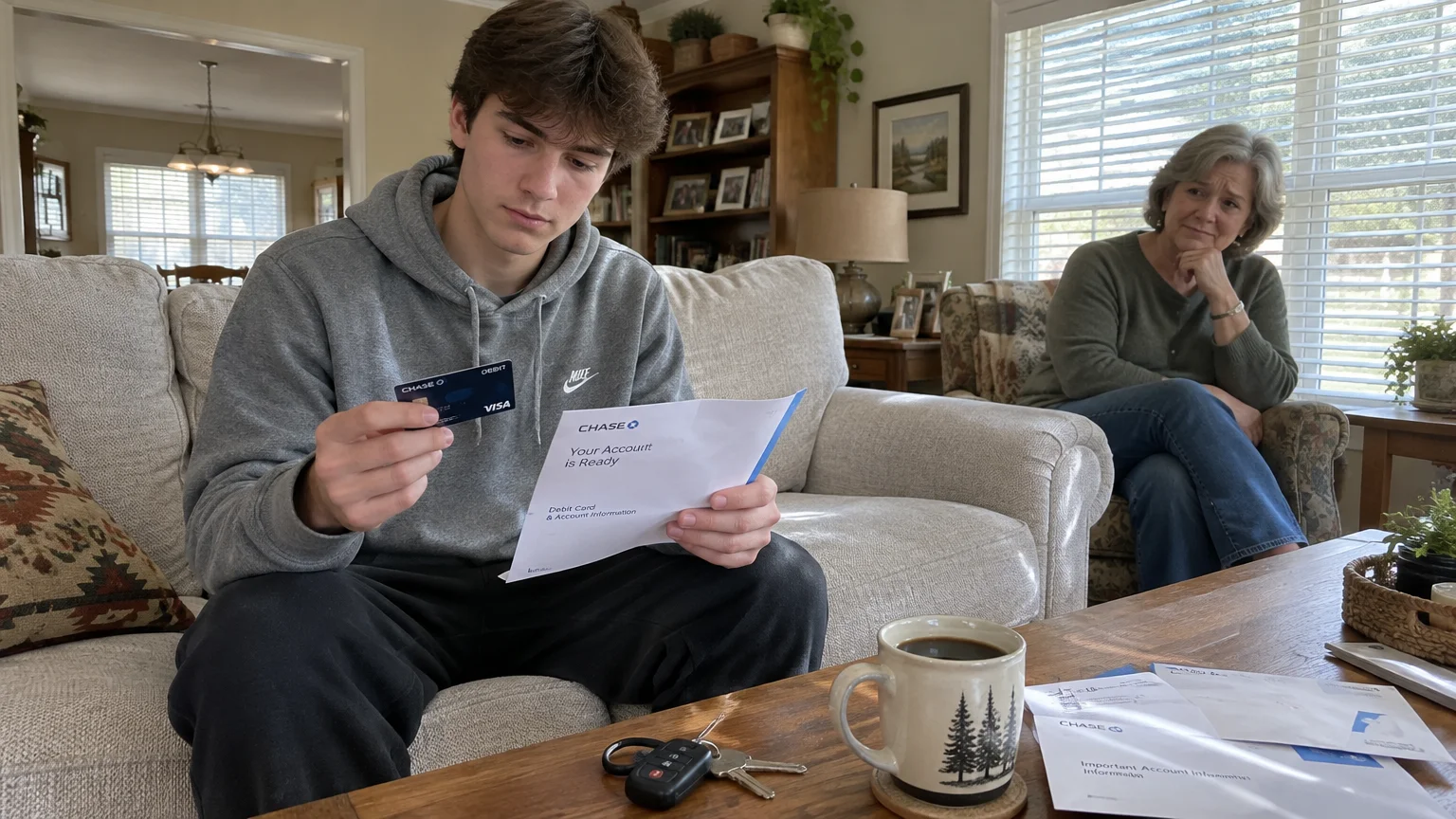 A young man holds a new debit card and letter on a sofa while an older woman watches from an armchair.